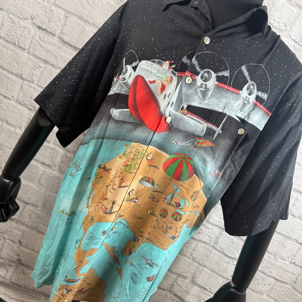 Tori Richard Hawaiian Christmas Shirt Mens XL Santa Claus North Pole Express